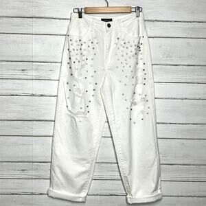 Pinko Maddie White Denim Rhinestonne Embellished Distressed Jeans Size 28